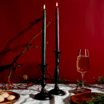 dark green and red taper candles made of pure beeswax by bluecorn candles on a christmas candles table