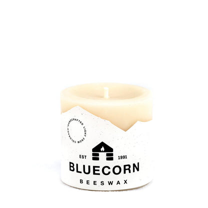 Bluecorn Beeswax 100% Pure Beeswax 3" x 3" Ivory Pillar Candle. Burn Time: 50 hours. Made with 100% Pure Beeswax, wax is white in color. Made with 100% pure cotton wick, no lead and paraffin free. Clean burning and non-toxic. Features Bluecorn Beeswax label printed on 100% recycled paper. Clearance items might have an odd blemish or air bubble, but will still burn beautifully.