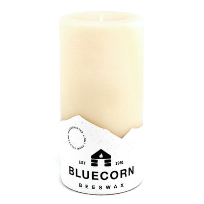 Bluecorn Beeswax 100% Pure Beeswax 3" x 6" Ivory Pillar Candle. Burn Time: 90 hours. Made with 100% Pure Beeswax, wax is white in color. Made with 100% pure cotton wick, no lead and paraffin free. Clean burning and non-toxic. Features Bluecorn Beeswax label printed on 100% recycled paper. Clearance items might have an odd blemish or air bubble, but will still burn beautifully.