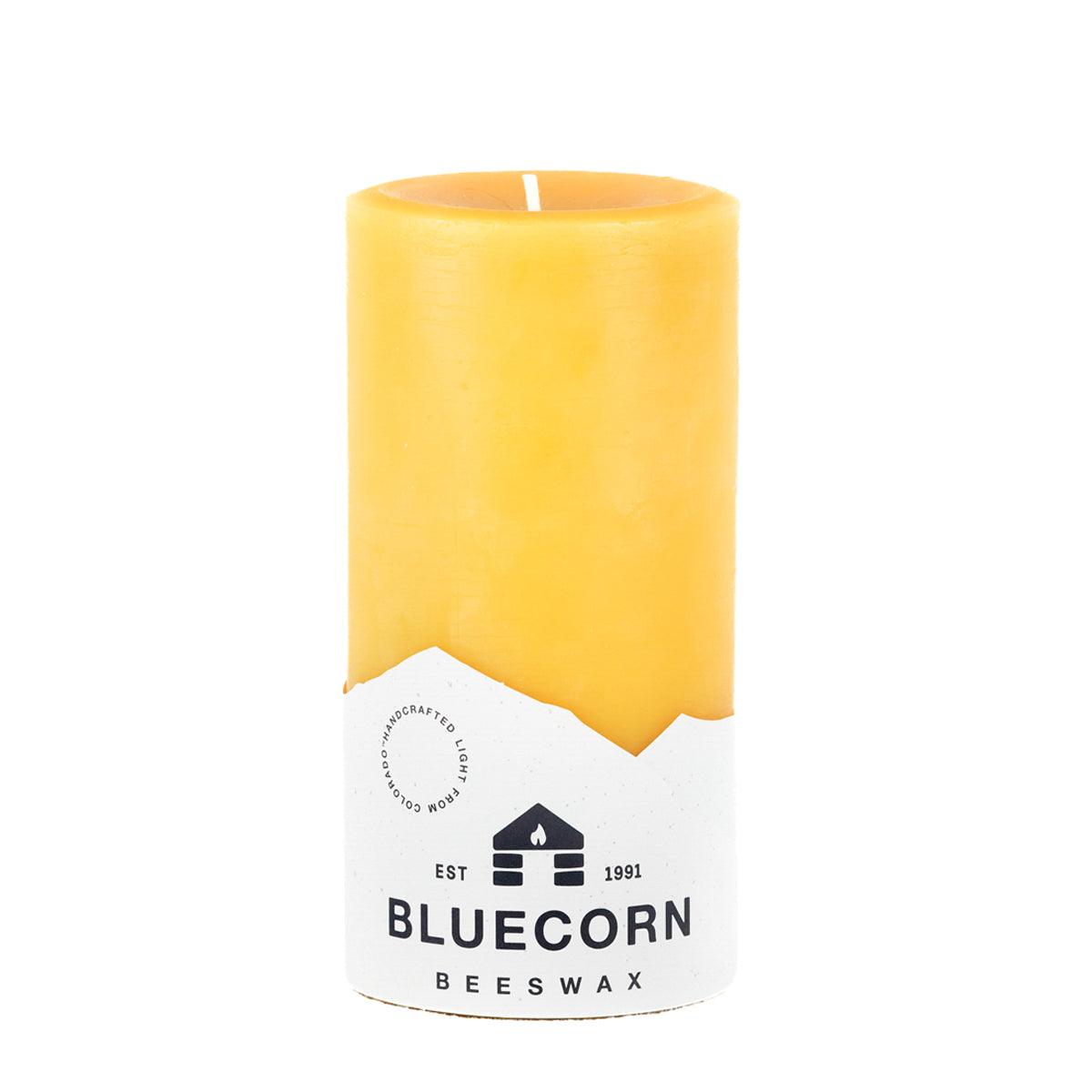 Bluecorn Beeswax 100% Pure Beeswax 3" x 6" Raw Pillar Candle. Burn Time: 90 hours. Made with 100% Pure Beeswax, wax is golden in color with a light honey scent. Made with 100% pure cotton wick, no lead and paraffin free. Clean burning and non-toxic. Features Bluecorn Beeswax label printed on 100% recycled paper. Clearance items might have an odd blemish or air bubble, but will still burn beautifully.