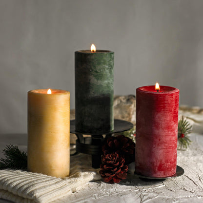 Holiday Beeswax Pillar Candle Trio - Raw, Red & Moss - Bluecorn Candles