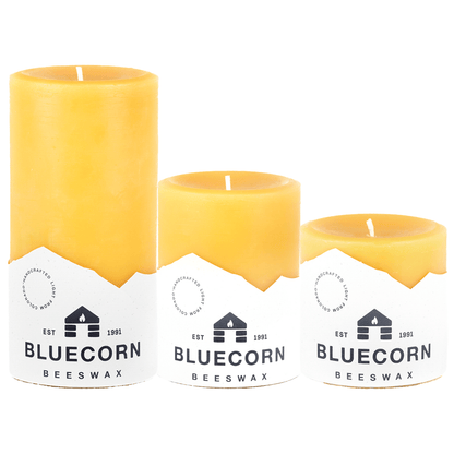 Holiday Glow Trio - Raw Beeswax Pillar Candles - Bluecorn Candles